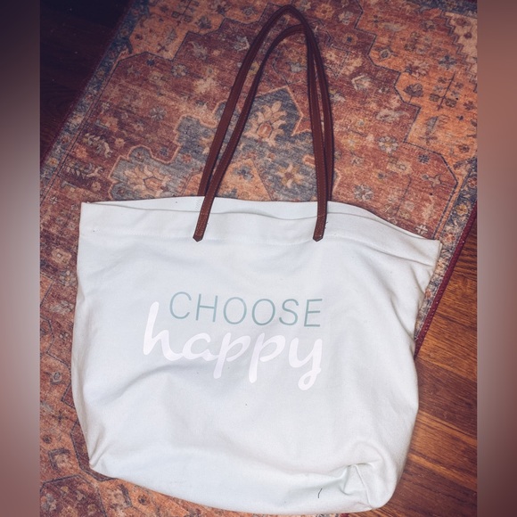 Handbags - “Choose Happy” Tote, Canvas Fabric light blue color with leather handles.